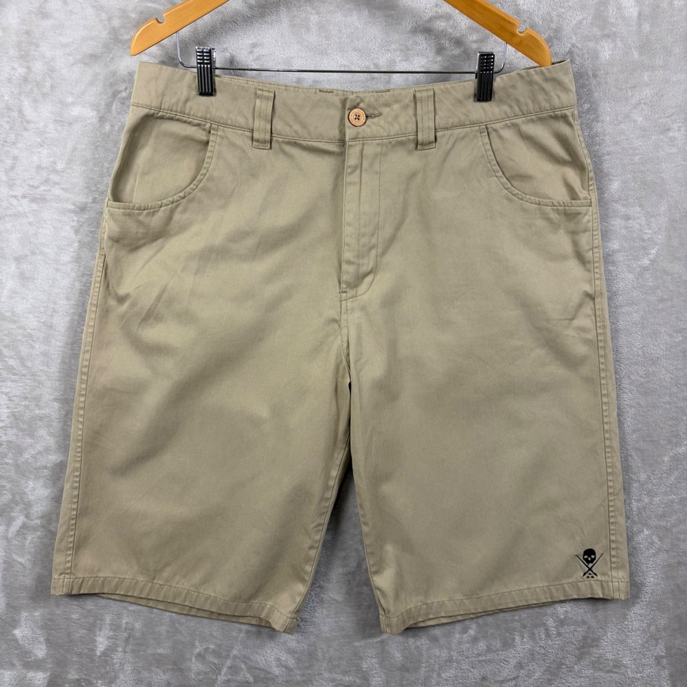 Sullen Art Collective Pier Walk Shorts Men 36 Khaki Chino Skull Logo Tan Skater